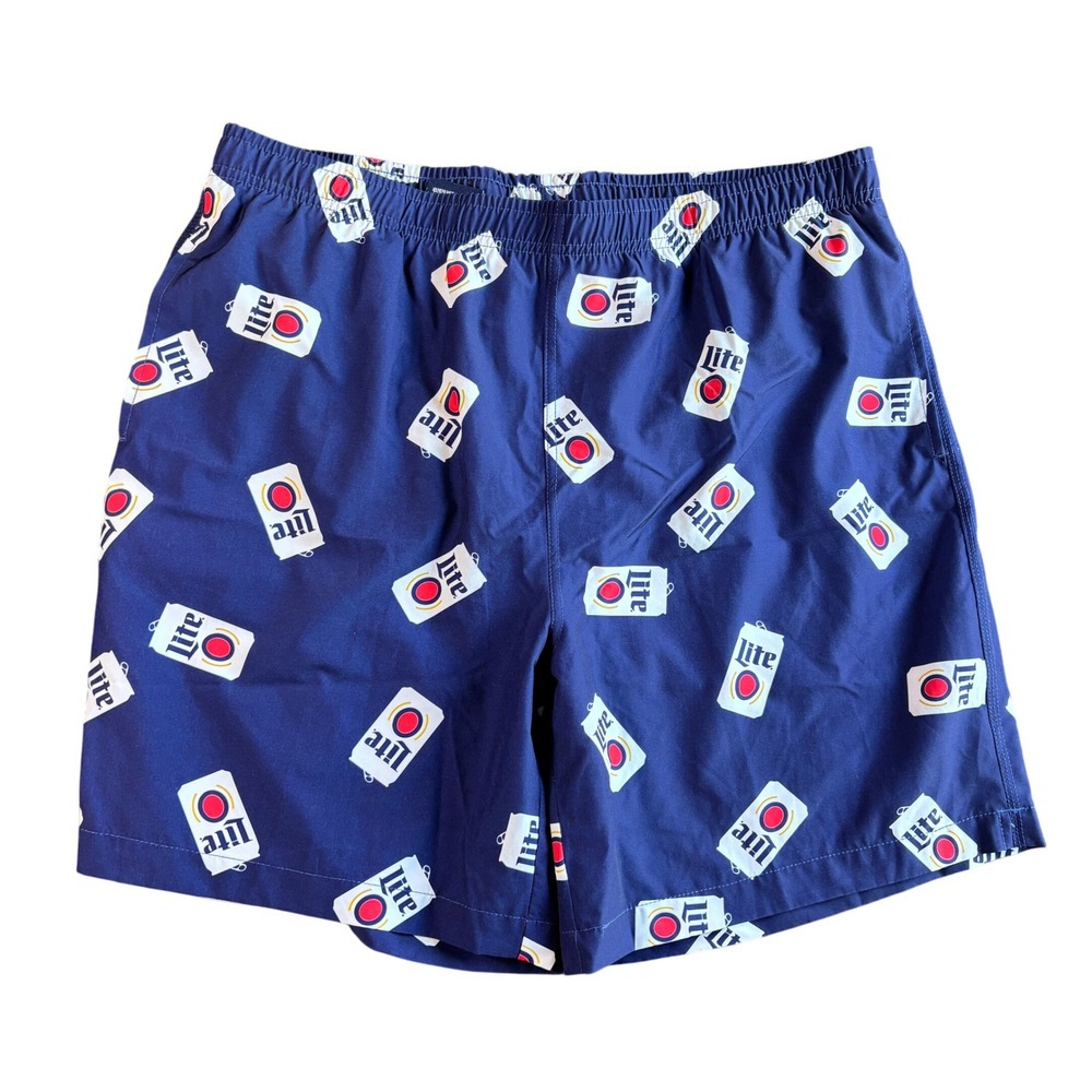 Miller Lite Mens Swim Trunks Beer Can Print XL Navy Blue Pocket Summer Beach